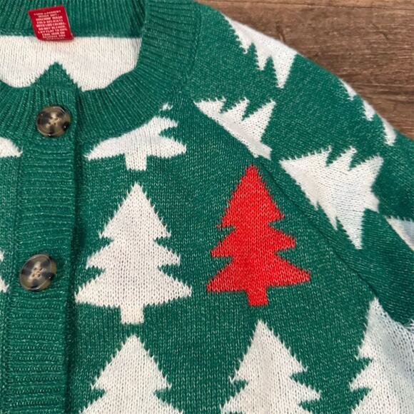 Dec. 25th Holiday Cardigan Sweater Green Red White Christmas Trees Teacher S - Picture 3 of 8